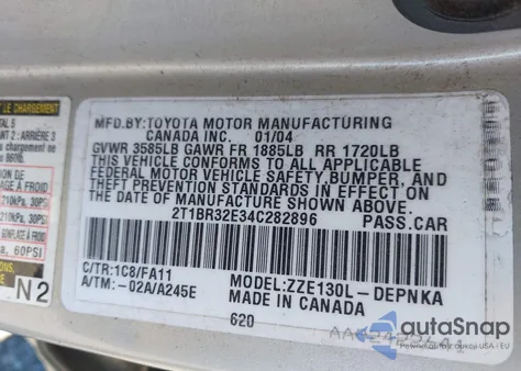 2004 Toyota Corolla Le из США, поврежденный, VIN 2T1BR32E34C282896